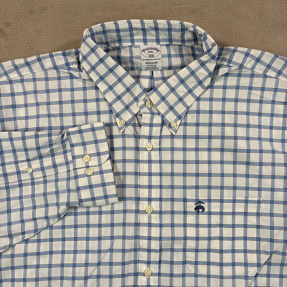 Brooks Brothers Performance Shirt Men 2XL White Blue Windowpane Logo NWT $128